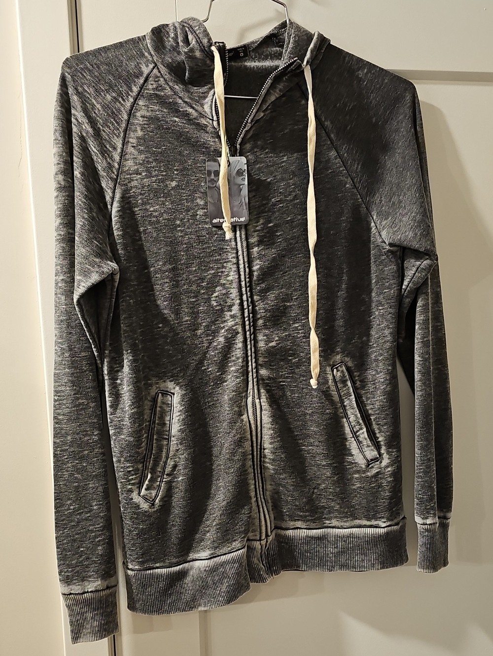 Alternative  UnisexCharcoal Zip-Up Hoodie with Cream Drawstrings
